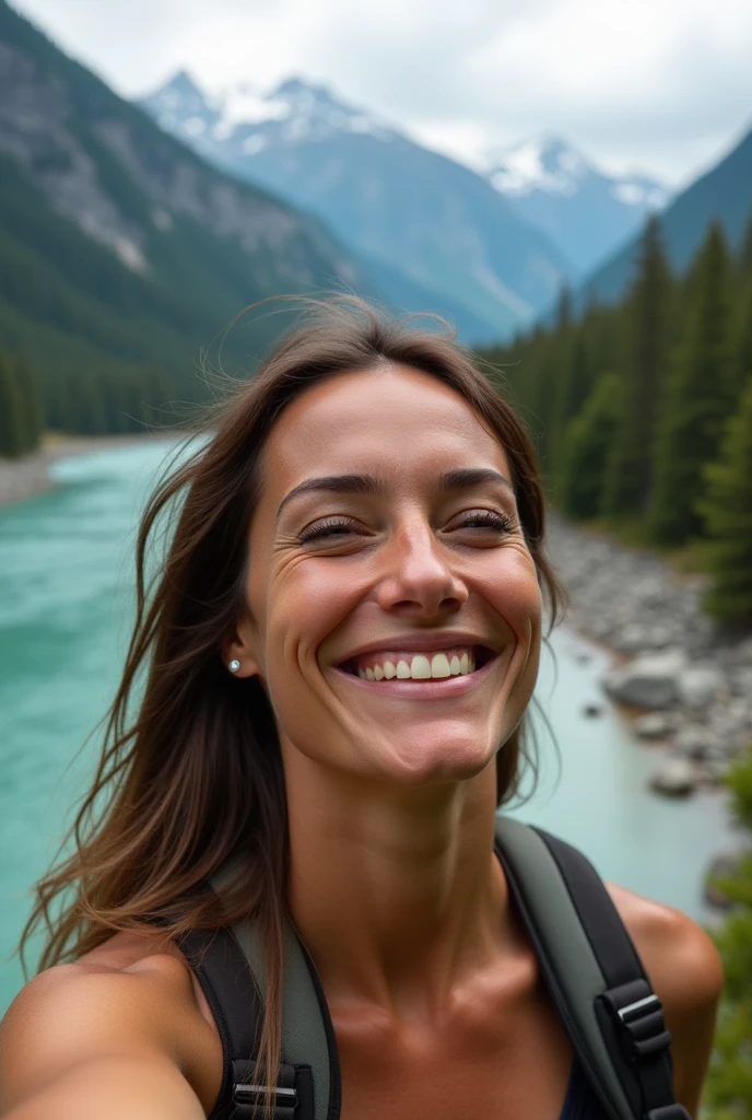 femme, riviére, arrière plan montagne, brune, jolie, détail, photo réaliste, tante, rivière, contente, regard loin, selfie, haut du corps, teinte chaude, ultra qualité, texture de peau, randonné, bivouac