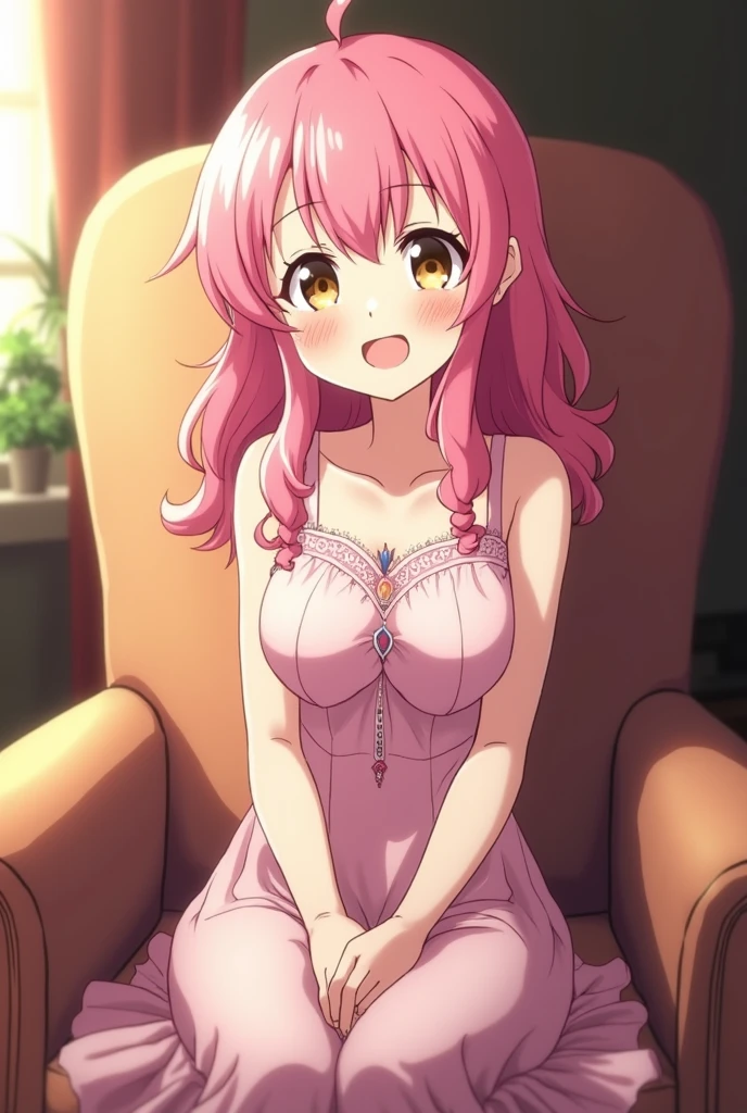 Jujutsu Kaizen screenshot. with pink hair and brown eyes smiling sitting on an armchair in a dress