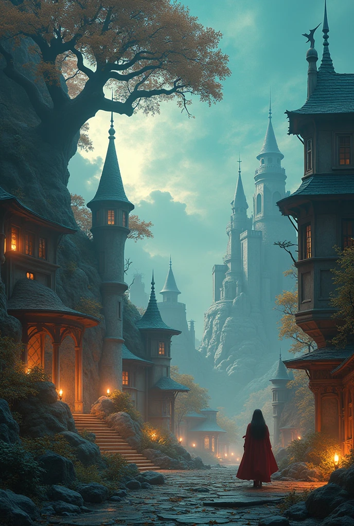 fantasy world, marvelous, full of fantasy and FICTION, Dye, low-lighting, Medium brightness (until), The landscape presents a civilization mixed with the medieval and futuristic, comely