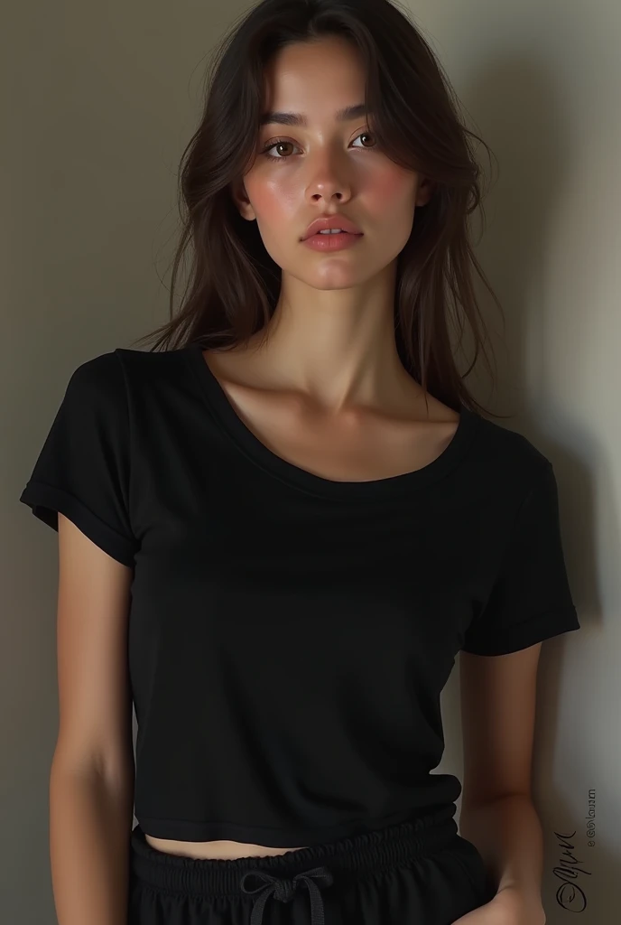 (photorealism:1.2), beautiful woman,  wearing black t-shirt 
, pajama pants