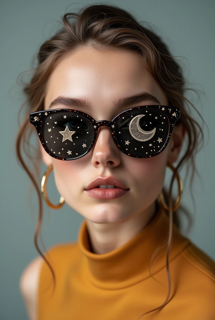 The model is wearing glass sunglasses with stars and the moon on the glass