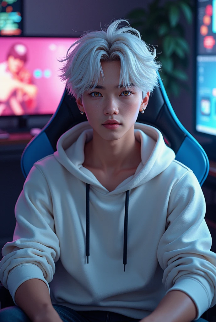 An handsome teenage Japanese man. He is 1 and wear a white hoodsweater. He have short and messy white hair falling on his forehead. Golden eyes. Tan skin. Sat on a chair with a gaming set up