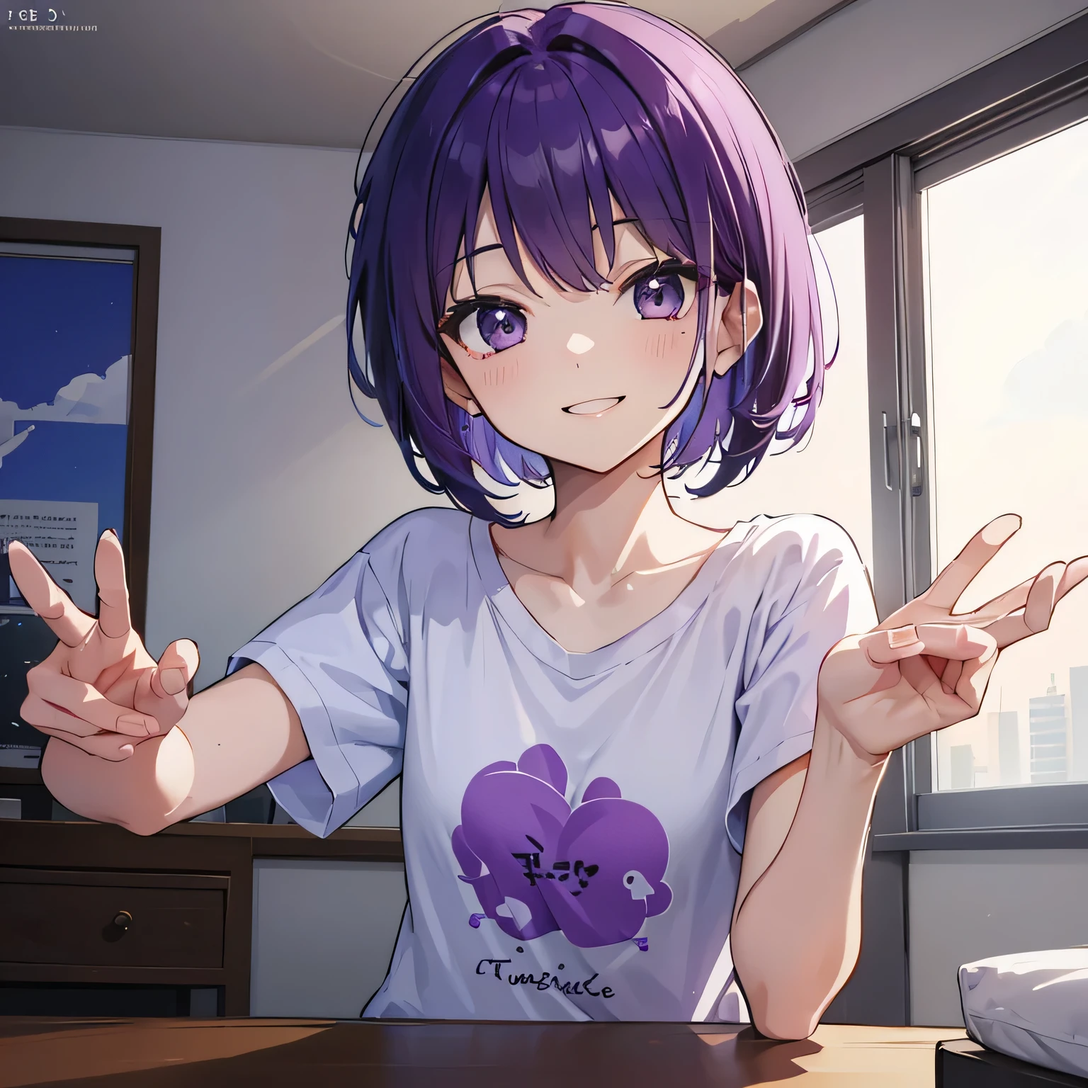 (T Masterpiece,4K wallpaper,Best Quality))、((1people))、(solo)、Bright and Brilliant,(Purple Hair)、(short hair:1.3)、smile、Bedroom、T-Shirts、morning