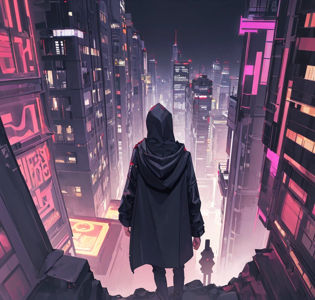((Highest quality)), ((masterpiece)), night, Near future city, purple neon, Buildings, ((A hooded man overlooking the city from high above)), Long coat, Black Costume, Turn your back on the viewer, TPS perspective, The Power Behind the Scenes, High viewing angle