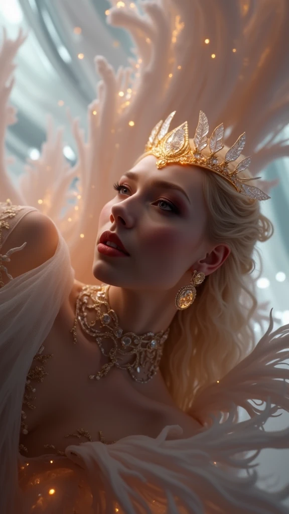 arafed woman in a white dress with a crown and a tiable, princess intergalactica, portrait of queen of light, portrait knights of zodiac girl, artificial intelligence princess, a beautiful fantasy empress, cyborg goddess in cosmos, knights of zodiac girl, ((a beautiful fantasy empress)), ice queen, white haired deity, queen of the galaxy
