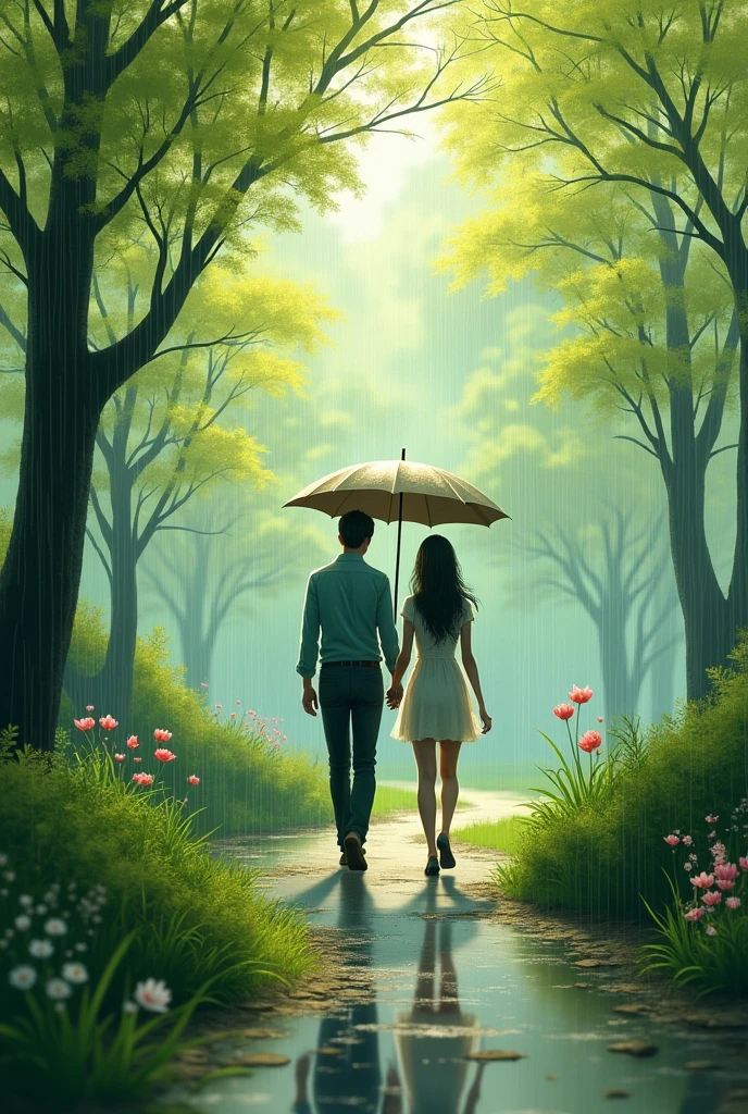 A couple walking through "Central Park" in New York on a cloudy day with trees in a spring mood and they are holding hands holding an umbrella
