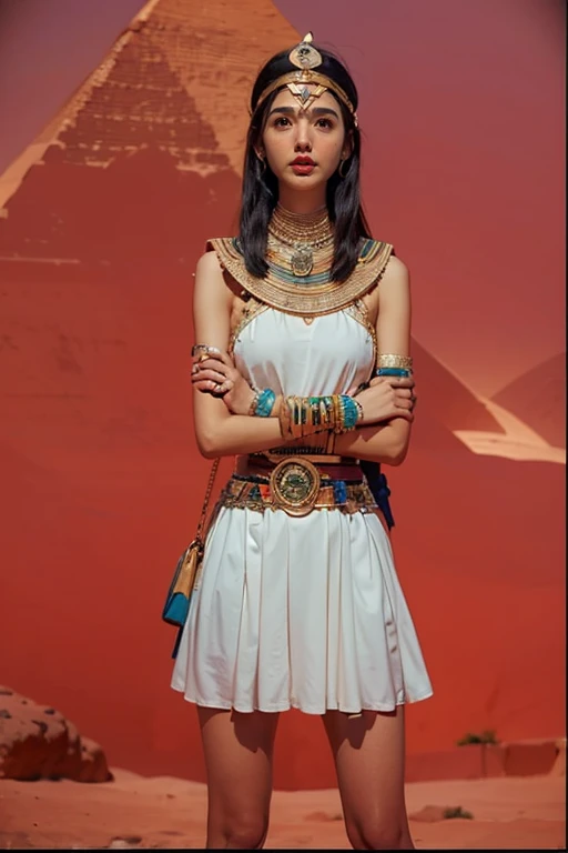 Isis from the series The Secrets of Isis, corpo bonito, medium bust, saia branca, vestido branco, orange glass circle on the forehead, belt with ancient Egyptian decorations, pyramids of Egypt in the background. Agrega un elegante letrero con el nombre del canal INVICTUS STORIES 