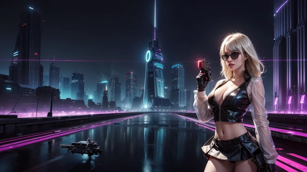 (Wide angle view). Blade Runner style futuristic city, simple outlined transparent neon tall buildings, glowing giant clock tower, flying cars, helicopter, lightning, 3D rendering Beeple. At night, (1girl, solo, alone), photorealistic, medium-breast slim:0.6 body, oval:0.6 face, cleavage:1.1, sexy black laced bra, glove, deep-V, (very low angle view of miniskirt), white laced panty, coat, (Matrix style black micro sunglasses), ((aiming viewer with a short gun)), (running pose), (half-body thigh level close-up shot), cinematic lighting, ray tracing.