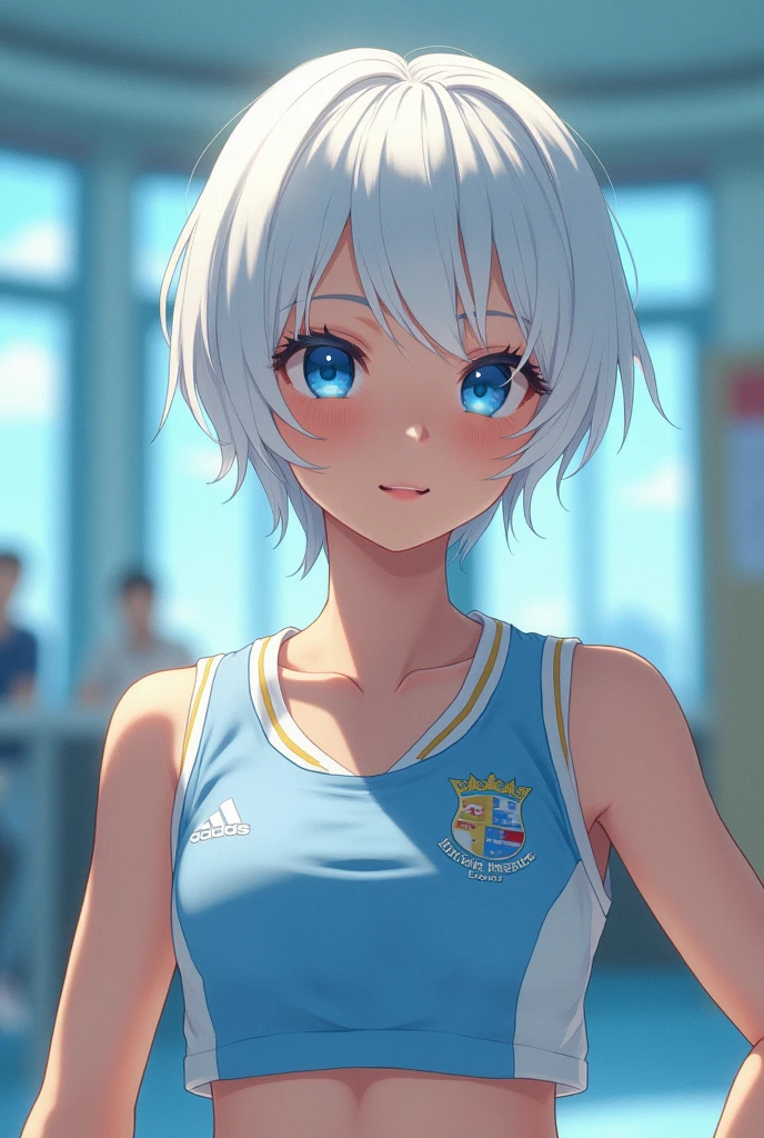girl white hair, short hair, blue eyes, school sports clothes