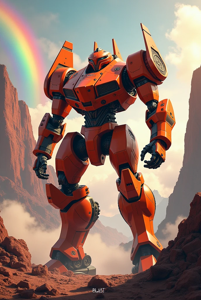 A combat robot with orange and red mountains behind it and a rainbow behind it.