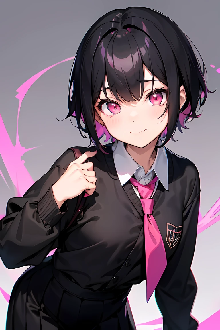 Short black hair、(Glowing pink eyes、Black blouse、school uniform:1.3)、Early teens、Mouth closed、smile、Short stature:1.2、Small breasts、cool、Anime Style、Carnivorous plants
