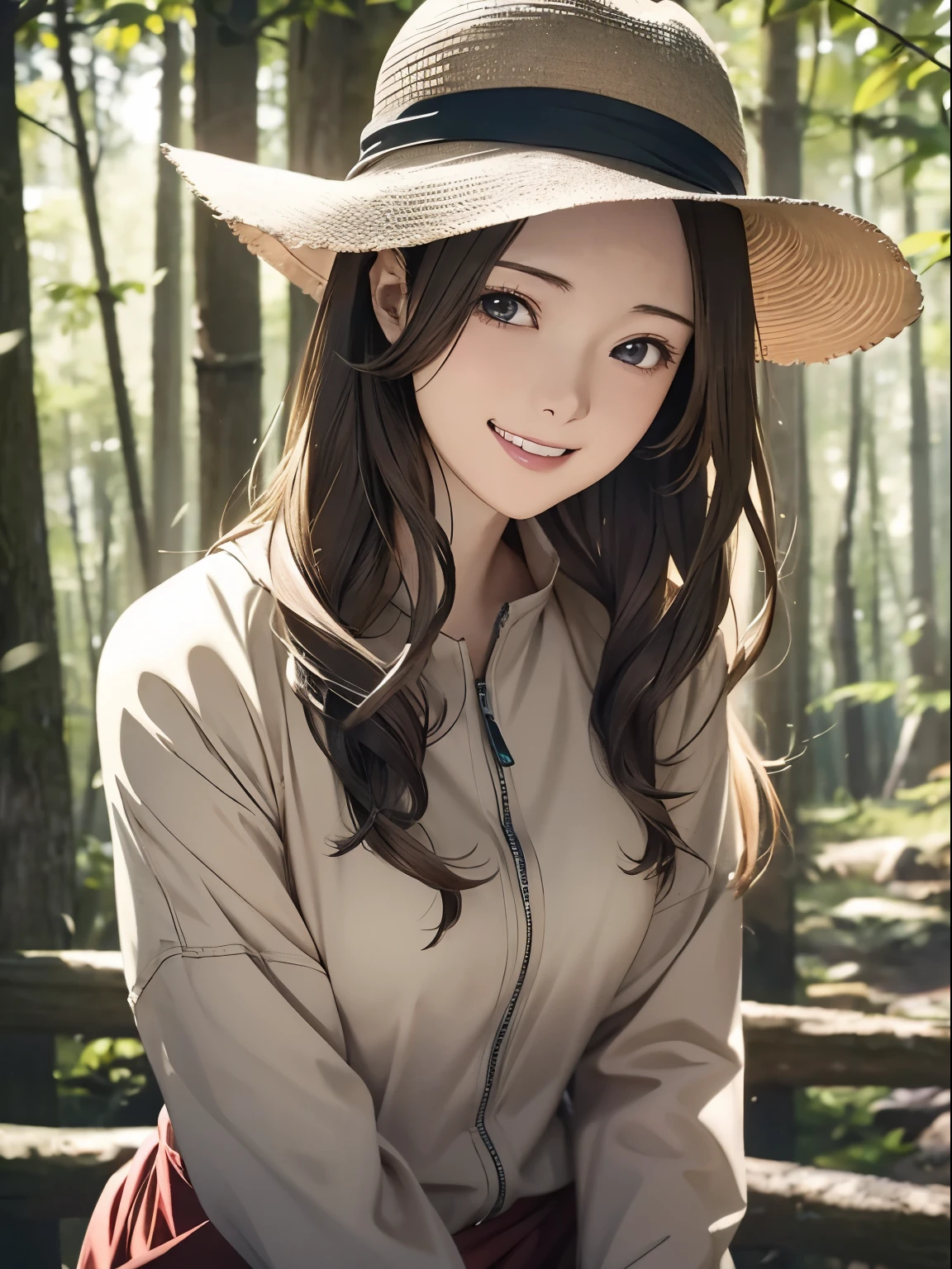 High resolution, 8k, Highest quality, detailed, Semi-realistic anime, Anime 3D Style, Smooth anime CG, One Girl, A 20-year-old Japanese woman, slim, Modeled, Shiny brown hair, detailedな顔, Beautiful and detailed, Glowing Skin, Hard Focus、Film Grain, Soft lighting, Looking at the audience, Laughter, (A woman wearing outdoor clothing and a hat), In the vast forest、A hiking trail bathed in sunlight filtering through the trees