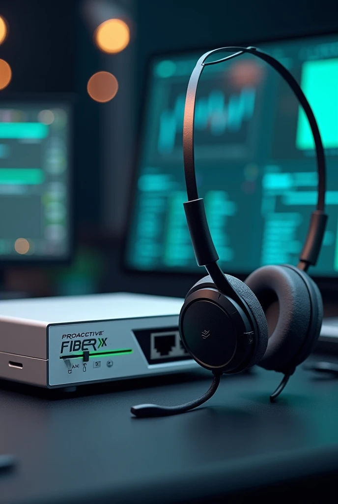 Create an image of a technical support headset and a fiber internet ont, below written in bold text Proactive FiberX in black and green 