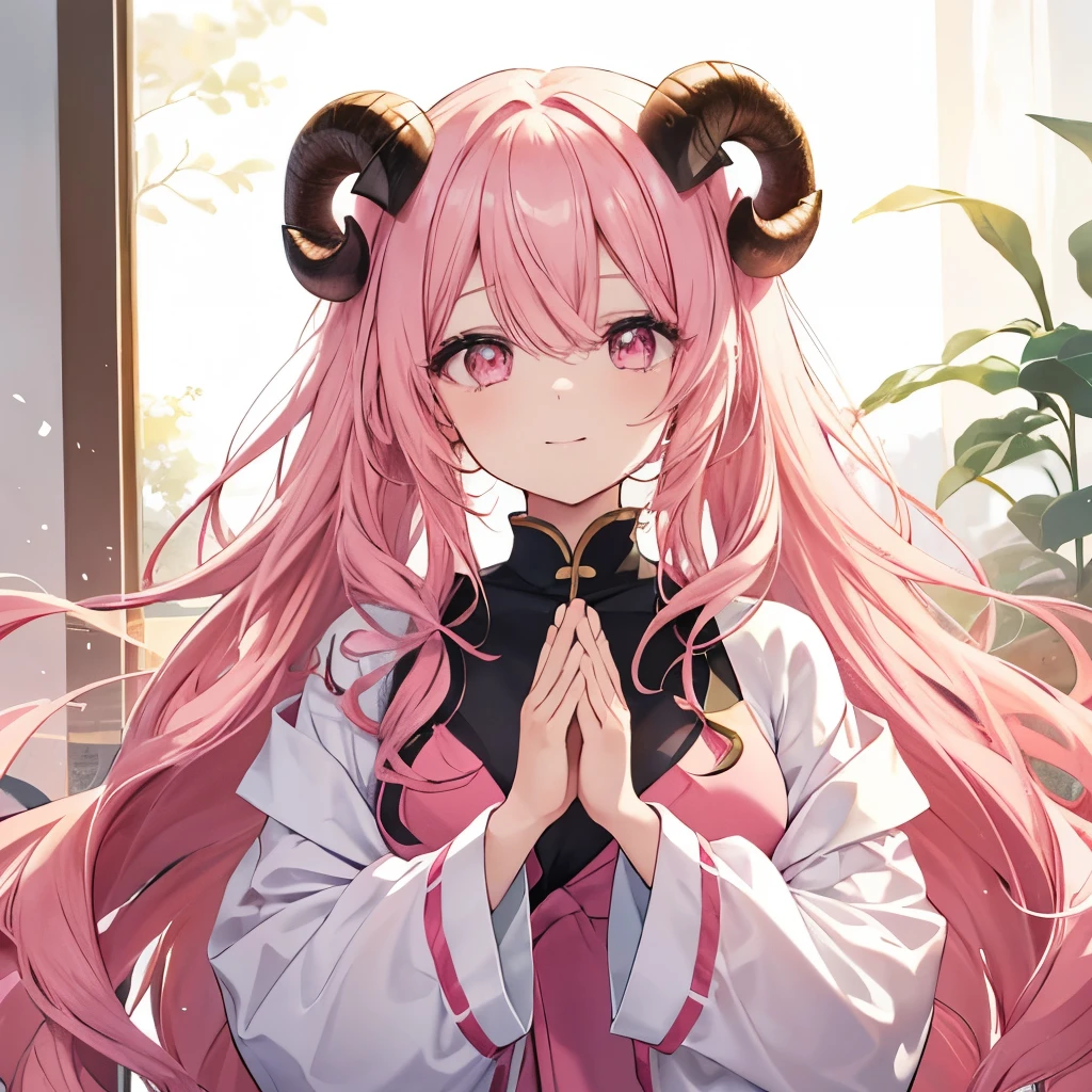 An anime-style illustration of ‘Fua-chan’ with a warm smile, saying ‘Thank you for your hard work today.’ Fua-chan has distinctive features: long pink hair styled in soft curls resembling sheep’s horns, and pink eyes. She is depicted with a gentle, cheerful expression, her eyes shining with kindness and appreciation. She might have her hands clasped together in front of her or giving a small wave, dressed in casual or slightly professional attire. The background is soft and inviting, perhaps with warm, golden tones that evoke a sense of comfort and relaxation after a long day, emphasizing the sincerity of her gratitude.