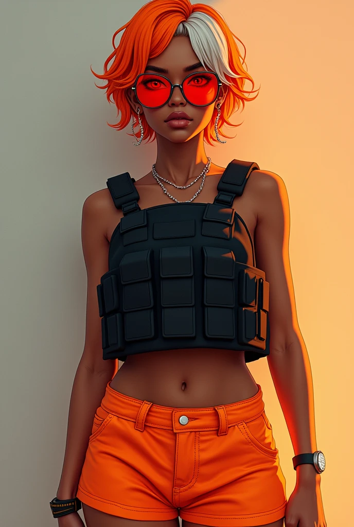 
Claro! Aqui está uma descrição detalhada para o seu personagem de GTA RP:

Character Description for GTA RP

Name: [Insert Character Name Here]

Appearance:

Skin Tone: Realistic medium brown, representing a parda complexion.
Hair: Vibrant orange with white highlights. The hairstyle should be modern and stylish, giving a bit of a trendy look.
Eyes: Bright red, standing out vividly against the skin tone.
Facial Features: Realistic and detailed, with strong, defined features to give a lifelike appearance.
Clothing:

Top: No shirt.
Shorts: Bright orange shorts that are casual and comfortable.
Body Armor: Black ballistic vest, completely black with no visible logos or markings.
Accessories: Orange-tinted sunglasses that complement the overall color scheme.
Overall Look: The character should exude a confident and striking presence. The combination of vibrant orange hair, red eyes, and orange-tinted sunglasses gives off a unique and memorable vibe, while the black ballistic vest and bright shorts create a distinctive contrast.

