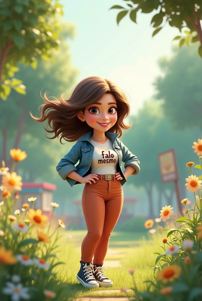 Pixar inspired 2D poster print capturing a scene with a buxom 40 year old woman, middle parted brown hair, Caucasian skin. Small brown eyes, small and thin nose, wrinkle between the eyebrows, rounded eyebrows, square chin, chubby face, thin and slightly full lips, full breasts, Smiling, Caucasian skin, wearing a t-shirt with the inscription “FALO MESMO”. DEBACY FACE, JACKET AND JEANS TROUSERS with all star sneakers