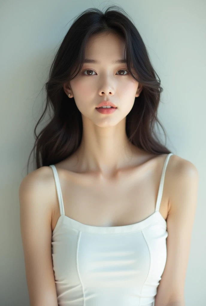 A  Korean girl wearing a white tank top 