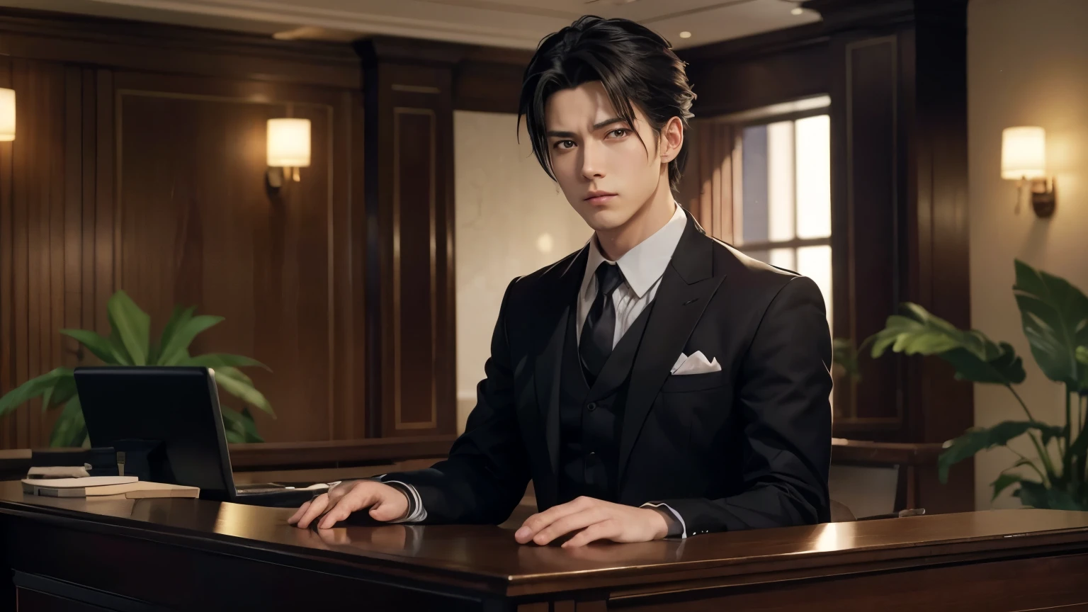 Anime character sitting at desk on laptop, Anime handsome guy, Official character art, Official Art, Anime portrait of a handsome man, Inspired by Hisui Sugiura, Handsome anime pose, Ace Attorney Style, Official character illustration, Handsome men from Demon Slayer, high detailed Official Artwork, hijikata toushirou, Male Anime Characters