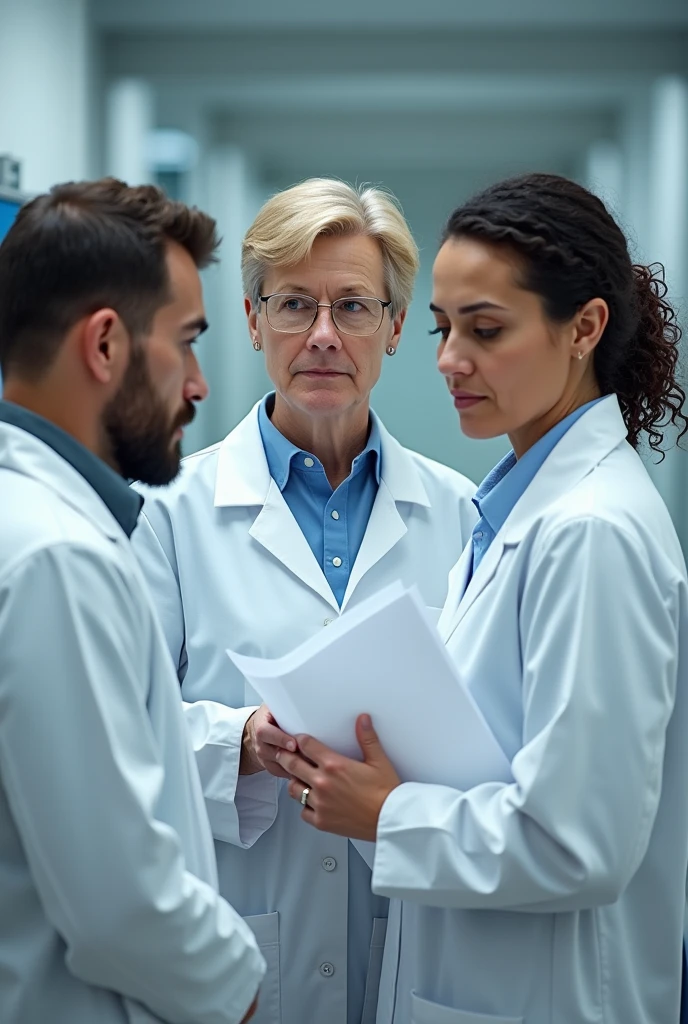 Three people are in the lab standing, they are wearing lab coats. One of them is early 60s woman, blonde short size hair and she is the auditor, holding some documents. One auditee is at early 30s man handsome with dark hair, beard and blue eyes, other auditte is middle early 40s woman with middle sized dark curly hair, hair not binded, eurasian, not afro. All three's faces are visible and look real people from pictures. They are in a company called Novonesis.