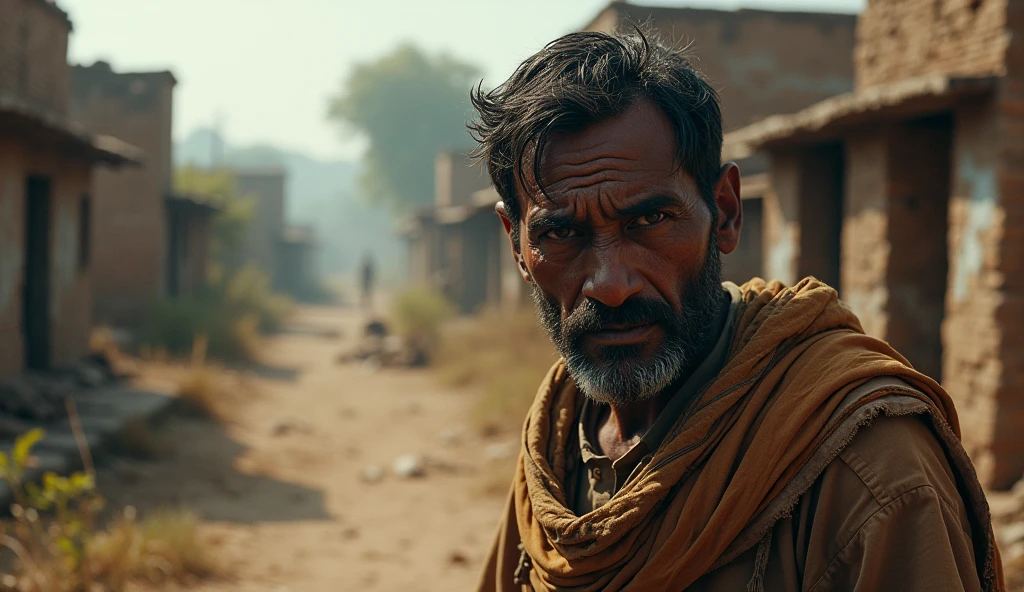 **Time passed, and Deepak left the fair. One day, a famine suddenly struck the village. People had no food, and Deepak’s condition worsened. His eyes were filled with despair and pain.**