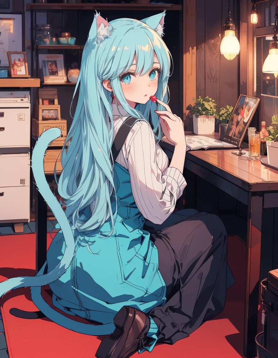 jerry fish, overall, looking back at viewer, full body, working, ((masterpiece, best quality:1.5)), ((Beautiful detailed cat aqua eyes:1.2)), cat ears, pale skin, medium breasts, beautiful hands, beautiful fingers, EasyNegative