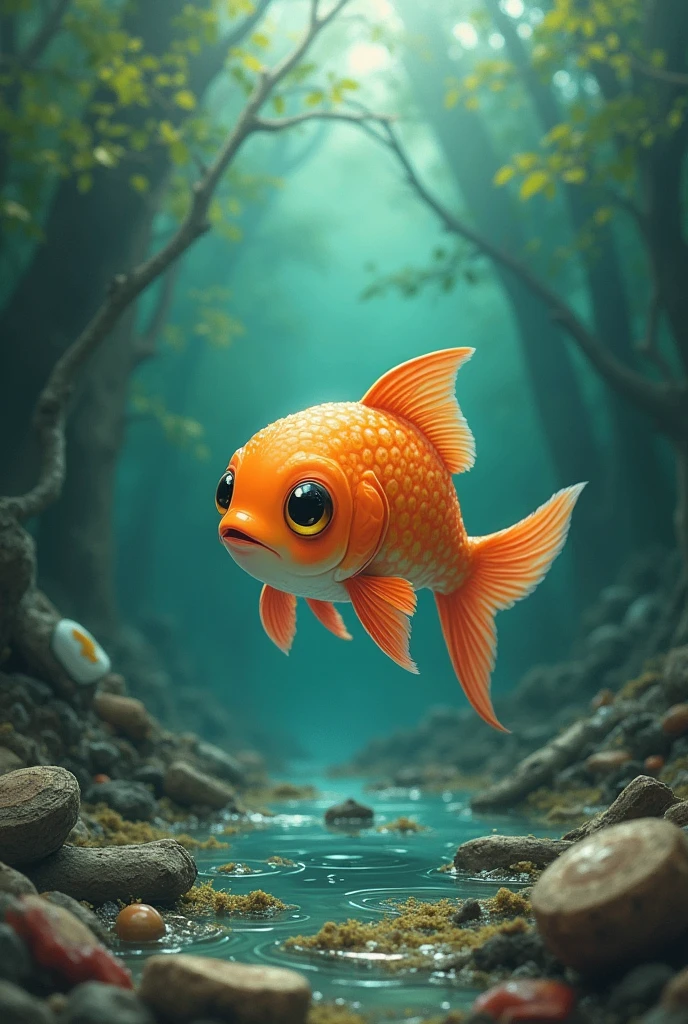 Illustration of a cute fish struggling to live in polluted river that was caused by human activity like toxic waste in domestic activity like the gutter