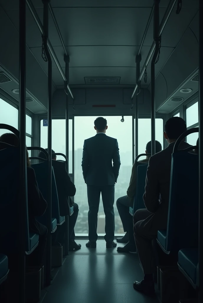 A man entered the bus and stands at the door, there are so few people