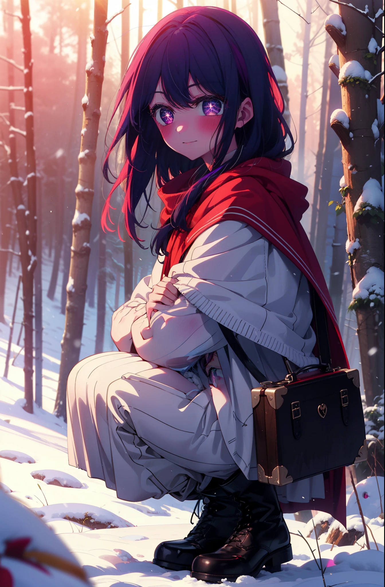 aihoshino, Ai Hoshino, Long Hair, bangs, (Purple eyes:1.1), Purple Hair, (Symbol-shaped pupil:1.5), smile,,smile,blush,white breath,
Open your mouth,snow,Ground bonfire, Outdoor, boots, snowing, From the side, wood, suitcase, Cape, Blurred, , forest, White handbag, nature,  Squat, Mouth closed, Cape, winter, Written boundary depth, Black shoes, red Cape break looking at viewer, Upper Body, whole body, break Outdoor, forest, nature, break (masterpiece:1.2), Highest quality, High resolution, unity 8k wallpaper, (shape:0.8), (Beautiful and beautiful eyes:1.6), Highly detailed face, Perfect lighting, Highly detailed CG, (Perfect hands, Perfect Anatomy),