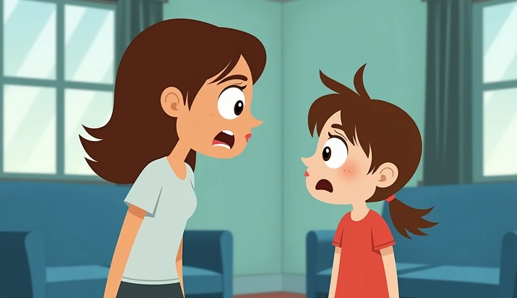 Angry lady yells at girl who is scared looking at her. The characters have brown hair and brown eyes.. Both are in a room with large windows and blue furniture.. Both are face to face. animated art.