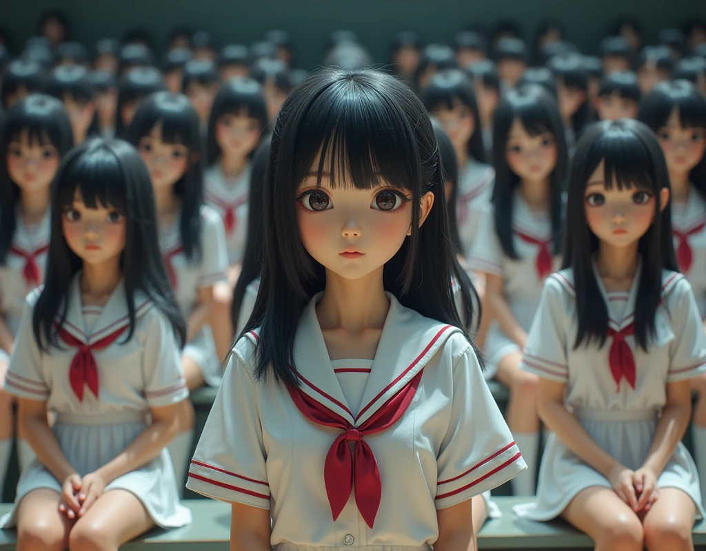 (Japanese Clone-girls=Myself), (Super Best masterpiece Clone-girls Raw Photography Art), (16K, Highest quality, Ultra-high resolution, RAW Photos), (It&#39;s so unrealistic., With unparalleled depiction, With an unfathomable sight, An unprecedented and shocking worldview, Clone-girls: In a world of mass reproduction, Ultra-realistic), (Japanese Girls, 16yo, Small face, Thick black hair, long hair, Dark Eyes, Mature face, かわいいsmile, Smiling face, A gentle gaze, Very pleasant look), (Very beautiful detailed girls, Accurate body structure, Accurate body movements, Very detailed body, (Super big breasts, Large bulge of ample breasts)), (Schoolgirl uniform, Short sleeve, mini skirt, Emphasise the fullness of your breasts), (Very detailed, Myself cloning, Depiction of splitting oneself, 1Myself girl→1,000,000,000,000,000,000,000,000,000,000Myself cloning girls), (Very detailed and intricate, Myself clone-girlsから, Myself&#39;s body is multiplying, A perfectly matched depiction, (In the same female body,With the same face, With the same hairstyle, In the same clothes, At the same height, 同じSuper big breasts)), (Myself girls only), Academy, gym, stage, academic level, Commemorative photo depiction, Group photo, Tiered stage photography, smile, Ultra-wide field of view