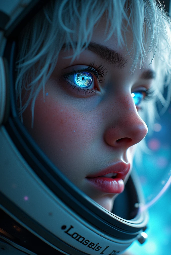 (Close-up of a better masterpiece:1.5)0.9], (Space and astronauts:1.2) (Messy silver hair:1.1) (Heterochromia xanthochromia and blue eyes:1.2) (Space Helmet:1.0) (Colored stars in the eyes:1.0) (A radiant glow:1.1) (thick lips:0.9)