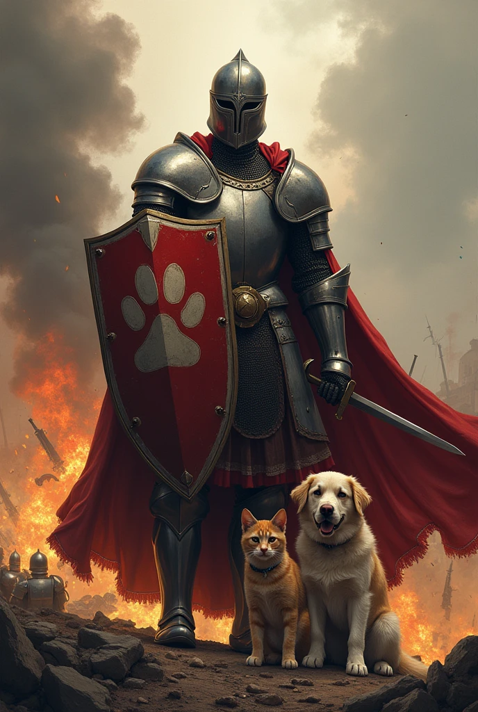 Knight with sword and shield symbol of paw prints in the middle of a war protects abandoned dog and cat