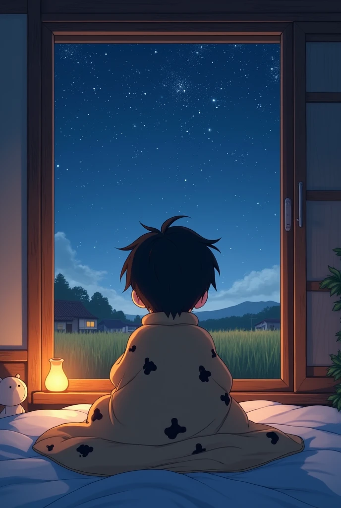 Create a silhouette of a cartoon anime boy in a warmly lit room, sitting on the bed with a cute bear blanket looking at the starry night sky through the wooden window, Outside is a rice field swaying in the wind., there are some houses in the distance
