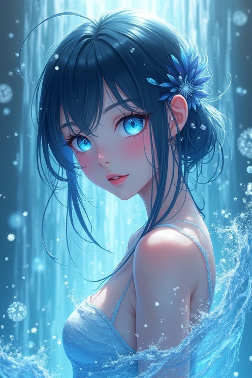 Water-powered girl, Japanese anime style, transparent skin, blue eyes