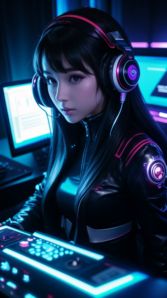 Best quality 8k Woman , DJ futurista.
With super beautiful headphones .
fancy dress.
It is in an environment that transmits a lot of music.
This centralizes, staring at the camera. 