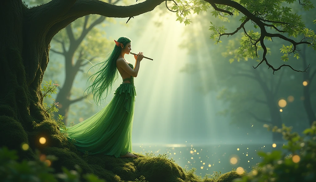 Setting: A tranquil, ancient forest bathed in dappled sunlight, where an enchanting elf plays a delicate flute.
Description: The elf has long, flowing emerald-green hair and wears a revealing, elegant gown made of leaves and flowers. Her pointed ears are adorned with delicate, nature-inspired jewelry. She stands gracefully on a moss-covered rock, surrounded by ancient trees with twisting branches and glowing fireflies. The soft morning light filters through the leaves, casting gentle rays that create a peaceful and magical ambiance. Her serene expression and ethereal beauty enhance the calming, fantasy atmosphere. Aim for realistic depiction, make sure photos are at highest resolution (8K)
