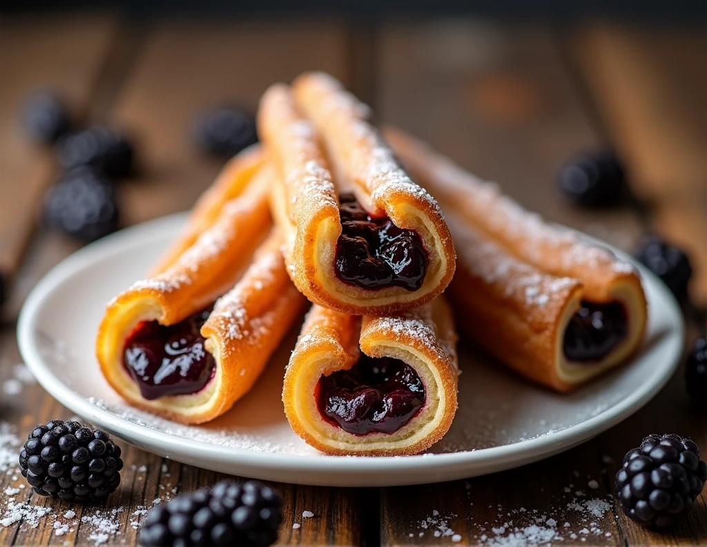 generates a very real image of two delicious and appetizing Spanish-style churros with thick blackberry jam filling on a white plate on a wooden table. There are some fresh blackberries next to the plate., some close and others out of focus. There is good lighting because it is a professional food photography for advertising.