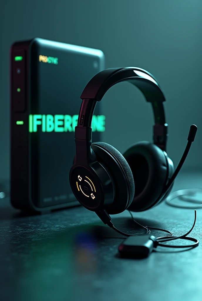 Create an image of a technical support headset and an internet ont, below written in bold text Proactive FiberX in black and green 