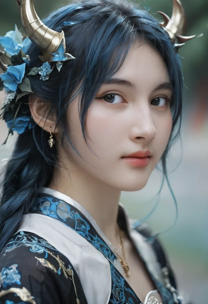 surreal photography,high-resolution portrait,shallow depth of field,bokeh effect,a girl with horns and a horned head, keqing from genshin impact, Samurai Chains Ink Undead, flawless face detail, blue-skinned elf, pixiv style, Lossless Image,whimsical,delicate facial features,