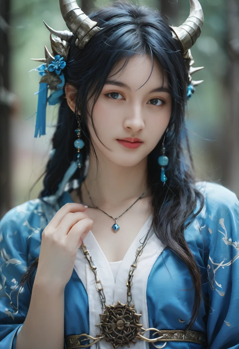 surreal photography,high-resolution portrait,shallow depth of field,bokeh effect,a girl with horns and a horned head, keqing from genshin impact, Samurai Chains Ink Undead, flawless face detail, blue-skinned elf, pixiv style, Lossless Image,whimsical,delicate facial features,