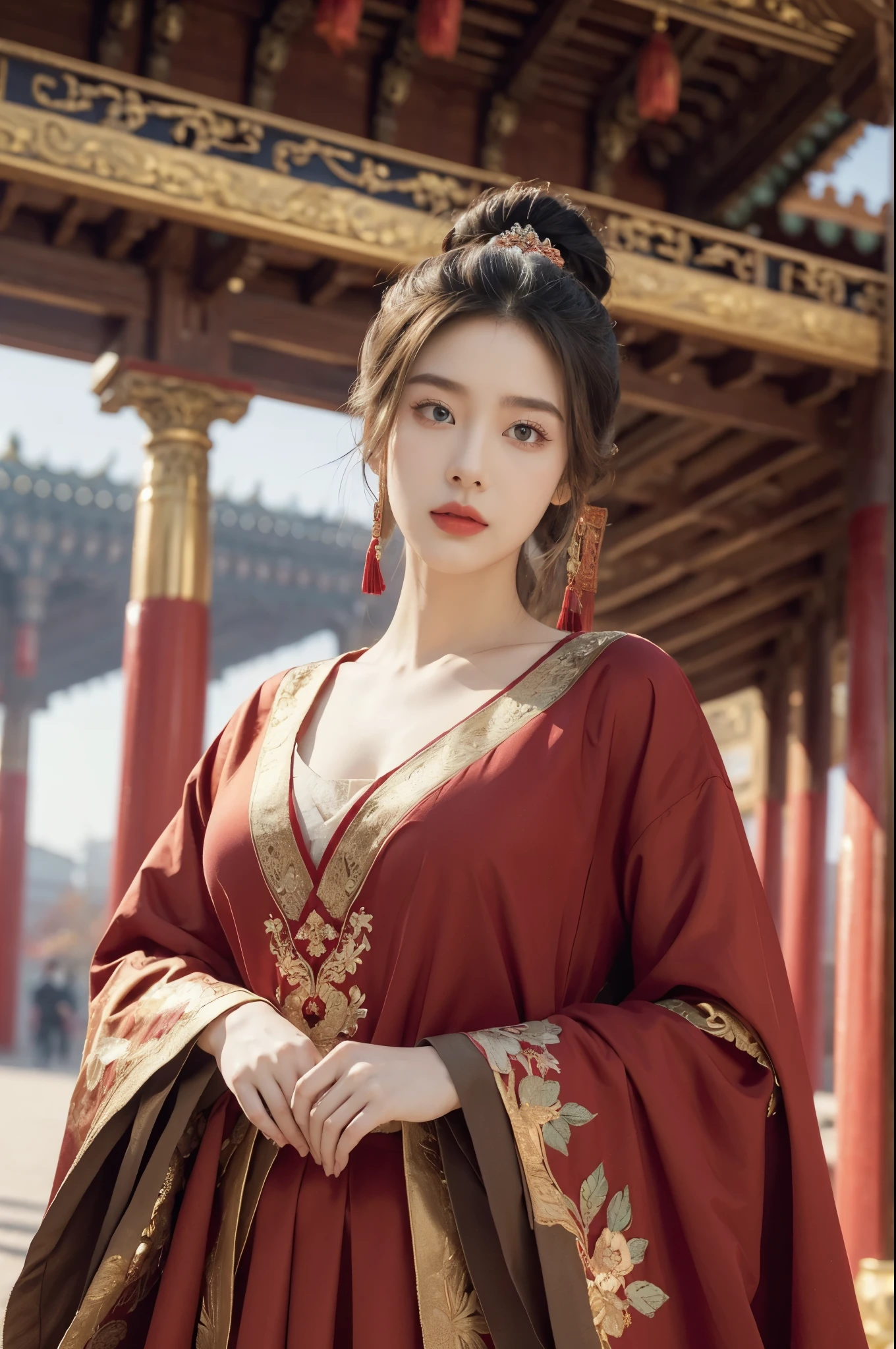 (((best quality))),(((ultra detailed))),(((masterpiece))),illustration,1girl,gigantic breasts,red gown,Chinese palace,autumn,October,spacious square,magnificent,intricately-embroidered,confident,graceful,striking contrast,deep blue sky,work of art,intricate patterns,designs,awe-inspiring,grandeur,majesty,columns,arches,intricate details,craftsmanship,square empty,serene expression,vision in red,beauty,perfect day,perfect year