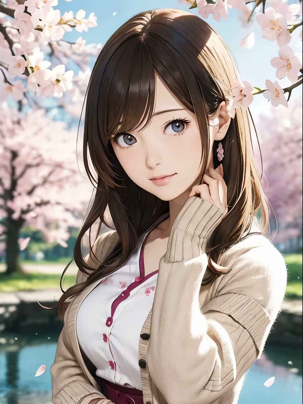 High resolution, 8k, Highest quality, detailed, Semi-realistic anime, Anime 3D Style, Smooth anime CG, One Girl, A 20-year-old Japanese woman, slim, Modeled, Shiny brown hair, detailedな顔, Beautiful and detailed, Glowing Skin, Hard Focus、Film Grain, Soft lighting, (A woman wearing a floral dress and cardigan),A spring park with cherry blossom petals falling、Enjoying a picnic by the pond