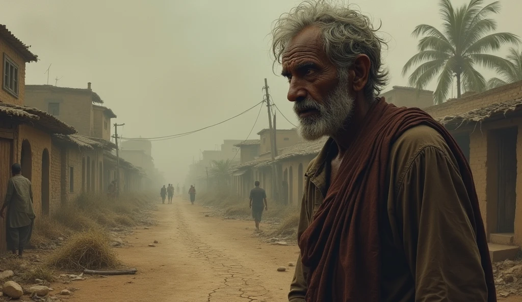 **Time passed, and Deepak left the fair. One day, a famine suddenly struck the village. People had no food, and Deepak’s condition worsened. His eyes were filled with despair and pain.**