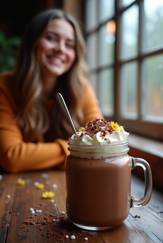 {Ultra-realistic glass jar filled with rich, creamy hot chocolate, topped with whipped cream, chocolate shavings, and small edible flowers, with a spoon resting in the jar. The scene is set near a window with raindrops visible on the glass, creating a cozy, rainy day ambiance. In the background, a beautiful woman with long, wavy hair, dressed in warm-toned clothing, is sitting at a rustic wooden table, her expression relaxed and content. The focus is on the intricate details of the hot chocolate, with the woman slightly blurred due to the photo effect, highlighting the rainy outside and the warm, inviting indoor atmosphere. Ultra-realistic 4K rendering, close-up shot, {cozy rainy day café ambiance}, Canon EOS R5, f/1.2, ISO 100, soft bokeh effect to emphasize the product and the warm, detailed background.}
