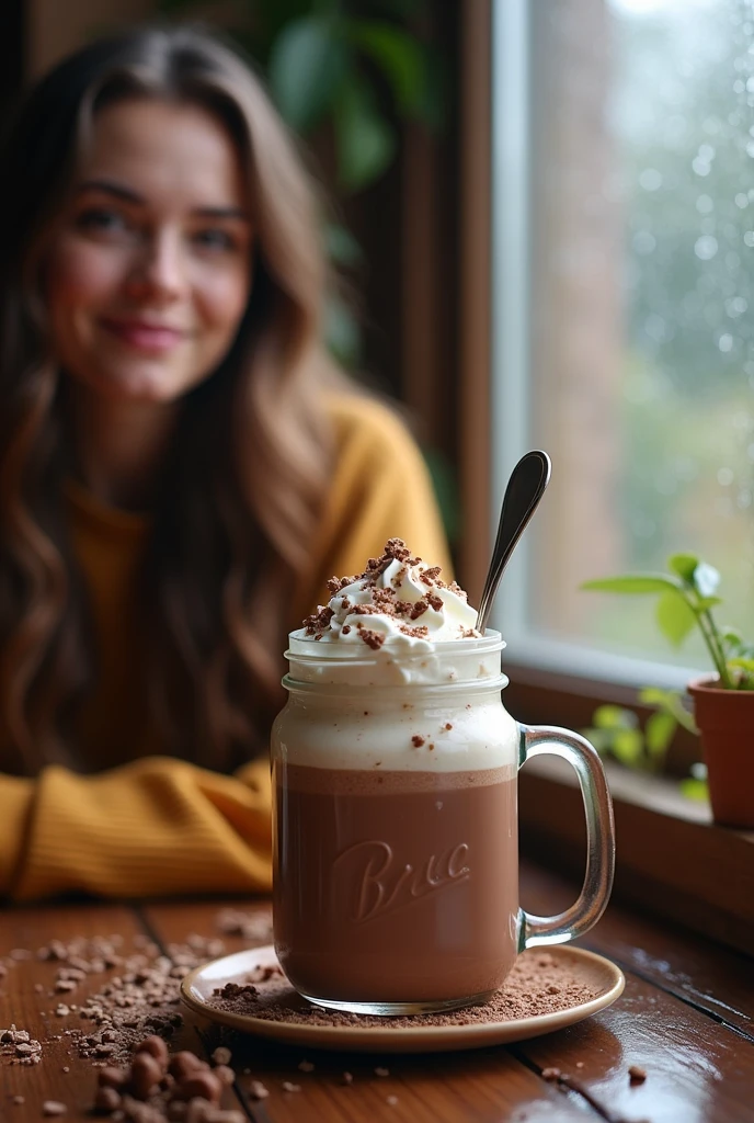 {Ultra-realistic glass jar filled with rich, creamy hot chocolate, topped with whipped cream, chocolate shavings, and small edible flowers, with a spoon resting in the jar. The scene is set near a window with raindrops visible on the glass, creating a cozy, rainy day ambiance. In the background, a beautiful woman with long, wavy hair, dressed in warm-toned clothing, is sitting at a rustic wooden table, her expression relaxed and content. The focus is on the intricate details of the hot chocolate, with the woman slightly blurred due to the photo effect, highlighting the rainy outside and the warm, inviting indoor atmosphere. Ultra-realistic 4K rendering, close-up shot, {cozy rainy day café ambiance}, Canon EOS R5, f/1.2, ISO 100, soft bokeh effect to emphasize the product and the warm, detailed background.}