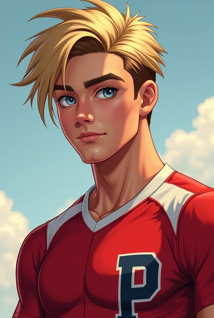 He is a ager with an athletic male body, a toned and sculpted body, straight blonde hair, a toned and muscular body and hair thrown to the side, which is a great charm for women., piercing gaze and the color of his blue eyes picina, man&#39;s face and impeccable posture and wears a uniform with red and white on the team jacket and an acronym of the school&#39;s name is the letter P for team like the United States,  but he likes to run after those who don&#39;t want him!.  Show me in a more realistic way and in human form. With a half chad face.