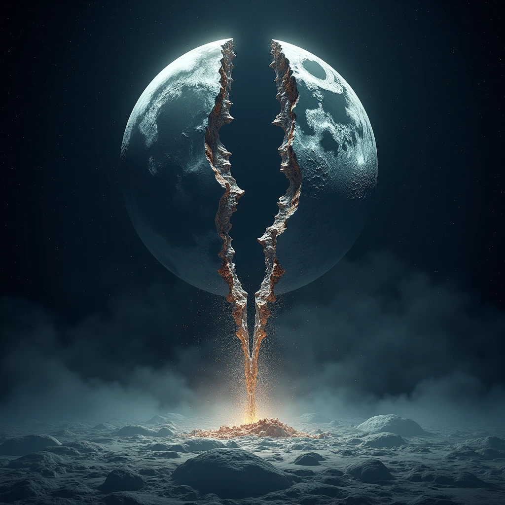 moon split in half, Shattered, falling to earth