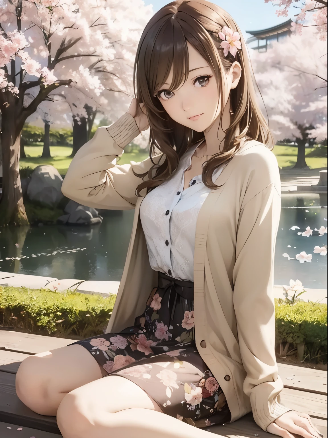 High resolution, 8k, Highest quality, detailed, Semi-realistic anime, Anime 3D Style, Smooth anime CG, One Girl, A 20-year-old Japanese woman, slim, Modeled, Shiny brown hair, detailedな顔, Beautiful and detailed, Glowing Skin, Hard Focus、Film Grain, Soft lighting, (A woman wearing a floral dress and cardigan),A spring park with cherry blossom petals falling、Enjoying a picnic by the pond