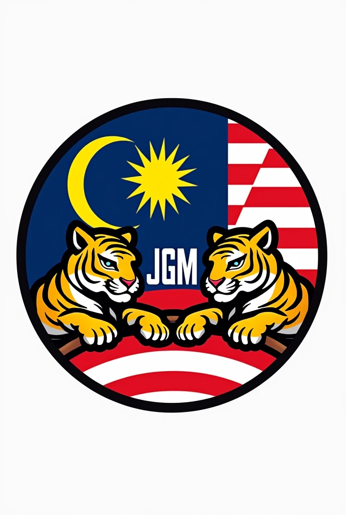 logo shape circle , malaysia flag MOTIF tigers stripes ,and at the middle put text "JGM"