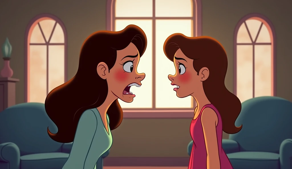 Angry lady yells at girl who is scared looking at her. The characters have brown hair and brown eyes.. Both are in a room with large windows and blue furniture.. Both are face to face. Disney art in 2D